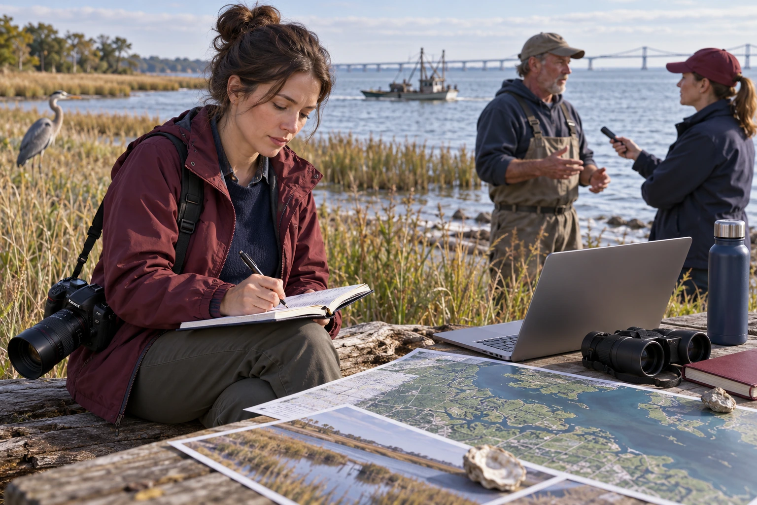 Illustrative image of an environmental reporter working along the Chesapeake Bay shoreline.