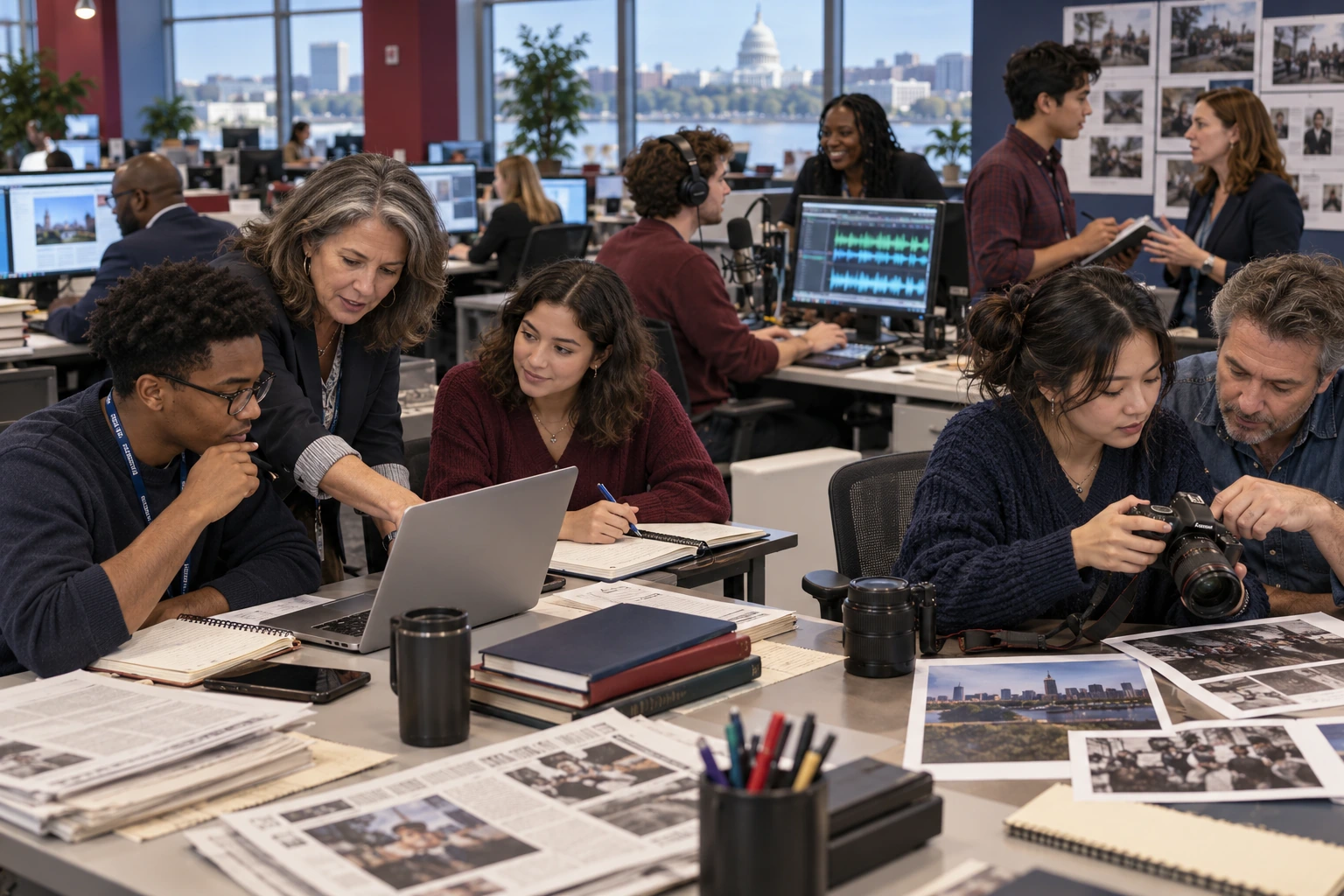 Illustrative image of newsroom interns learning reporting, audio and photography skills.