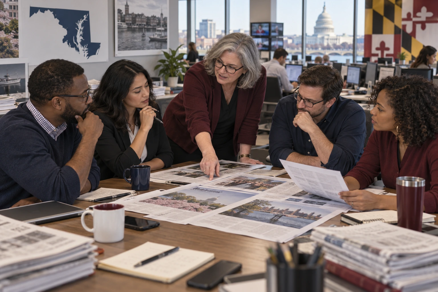Illustrative image of editors collaborating in a Mid-Atlantic newsroom.